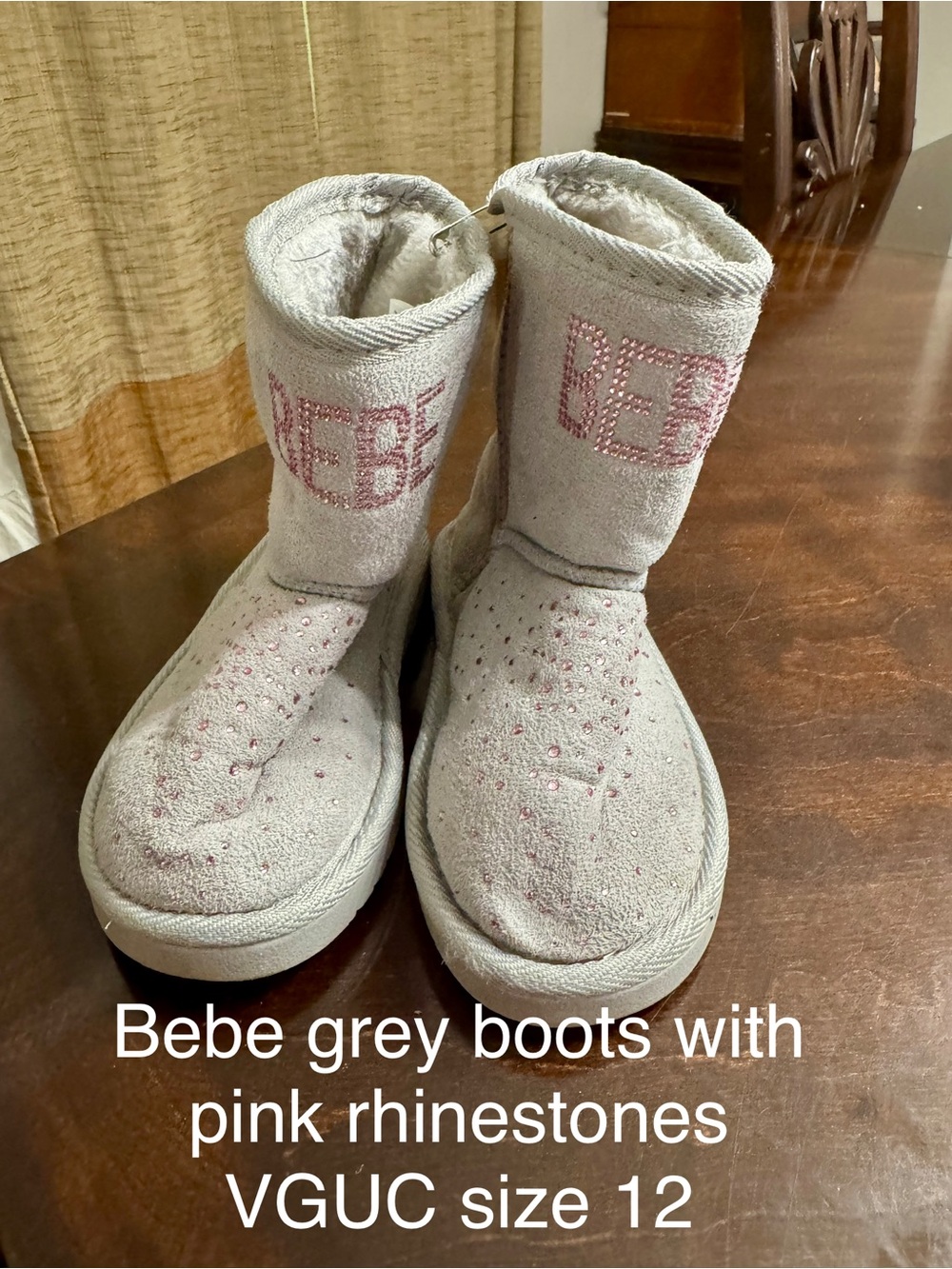 bebe Grey Suede Kids Boots with Pink Rhinestone Logo